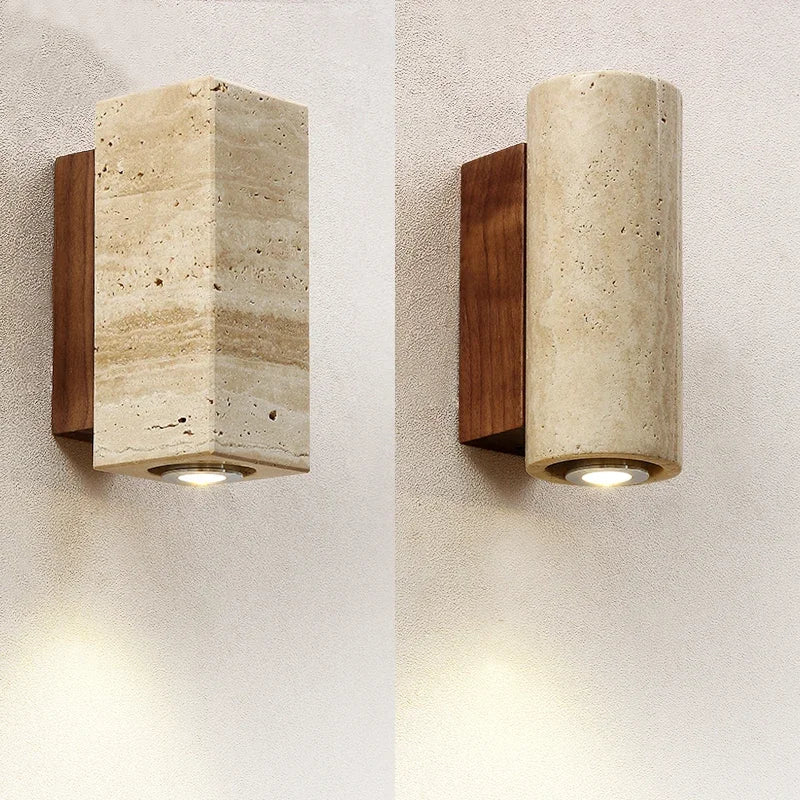 Wabi-Sabi Yellow Marble LED Wall Lamp – Travertine Bedside Sconce for Japan-Style Bedrooms, Corridors, and Living Spaces