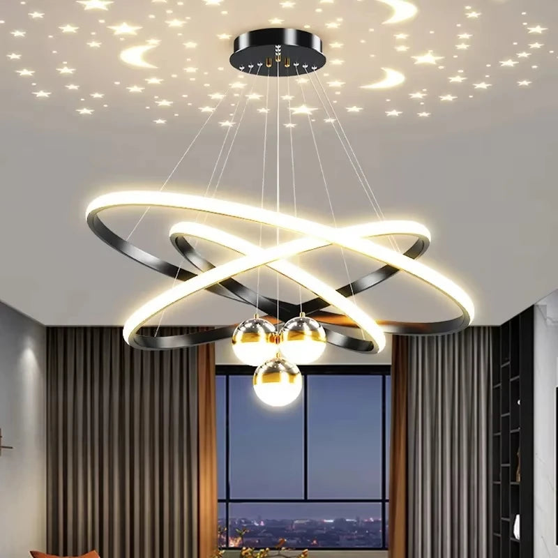 Nordic Starry Sky Projection LED Chandelier – Modern Black & Gold Ceiling Pendant for Living Room, Bedroom, Kitchen