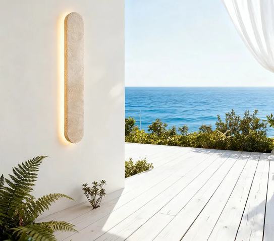 Wabi-sabi Style Yellow Travertine Wall Light – Waterproof Natural Stone LED Linear Lamp for Villa Gates, Fences, Courtyards